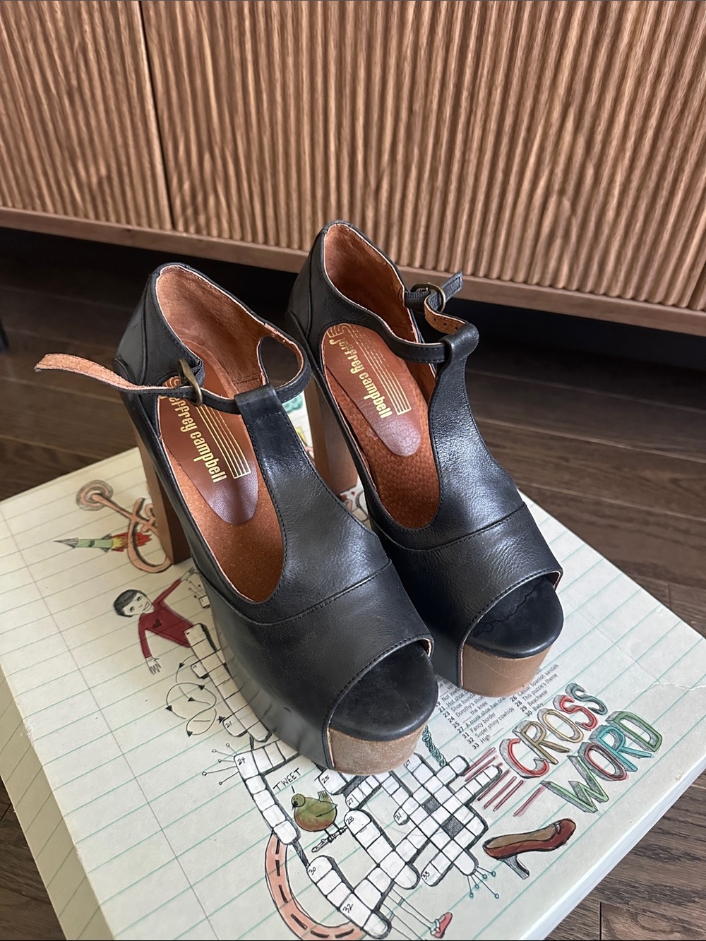 Jeffrey Campbell Leather Peep-Toe T-Strap Platform Heels - Black